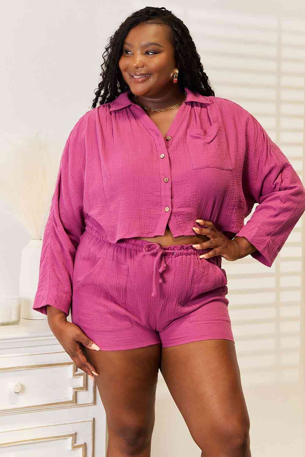 Basic Bae Buttoned Long Sleeve Top and Shorts Set - Charming Charlie