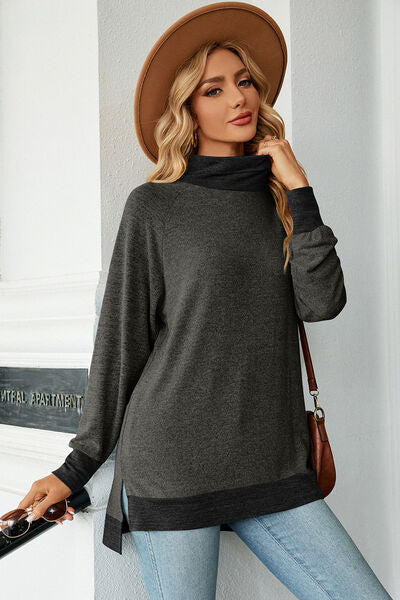 Slit Mock Neck Long Sleeve T-Shirt - Charming Charlie