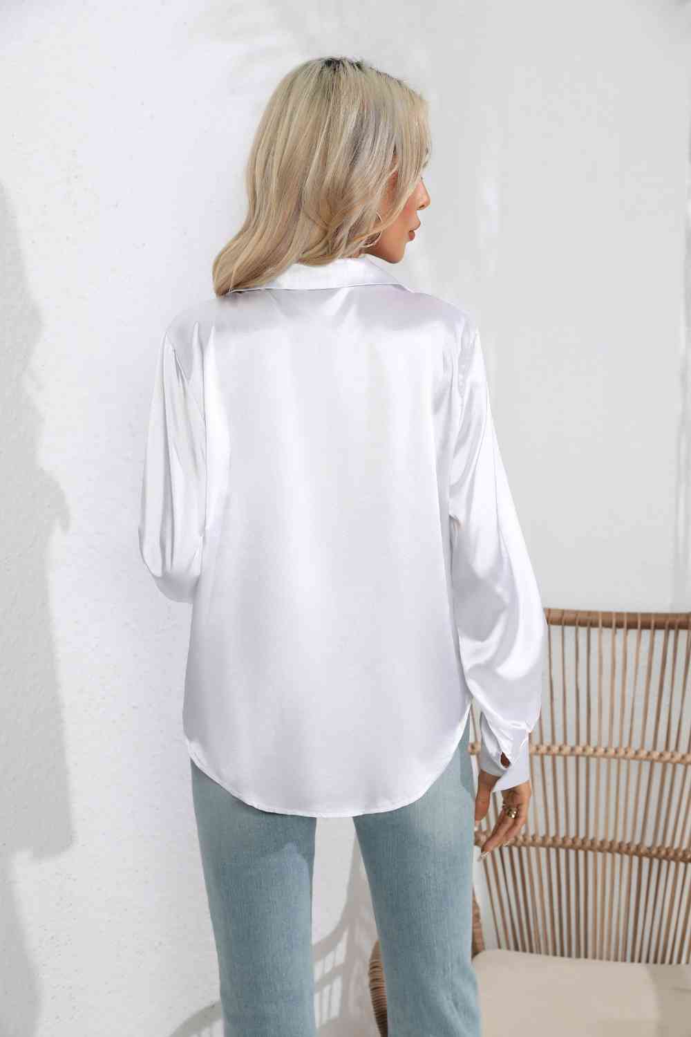 Lapel Collar Button Up Long Sleeve Shirt - Charming Charlie