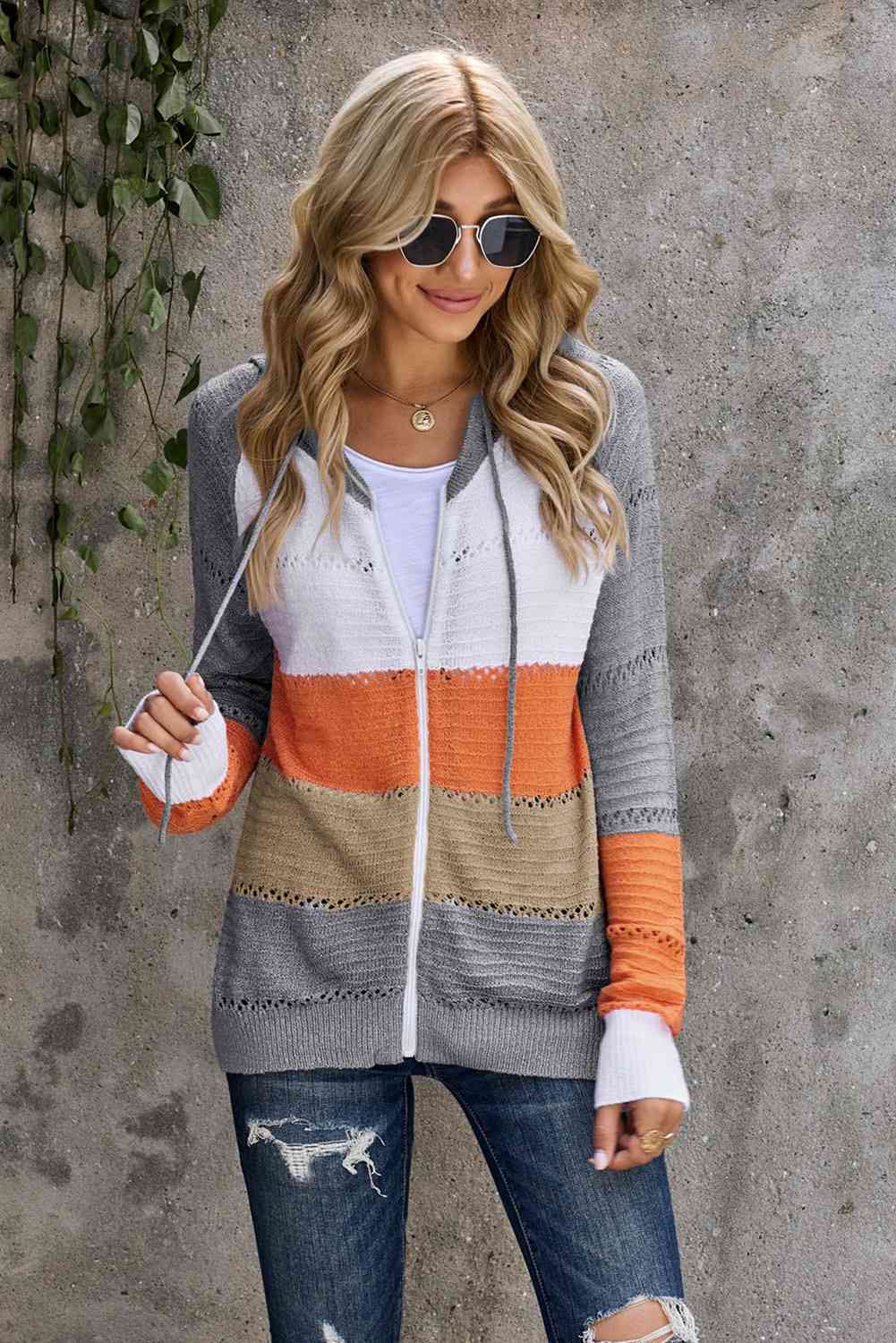 Zip-Up Raglan Sleeve Openwork Hooded Cardigan - Charming Charlie