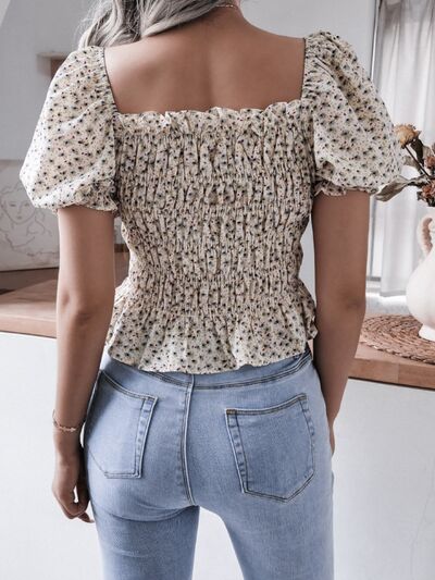 Frill Smocked Square Neck Short Sleeve Blouse - Charming Charlie