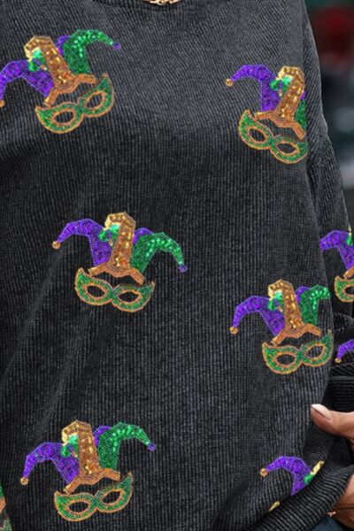 Printed Sequin Round Neck Dropped Shoulder Sweatshirt - Charming Charlie