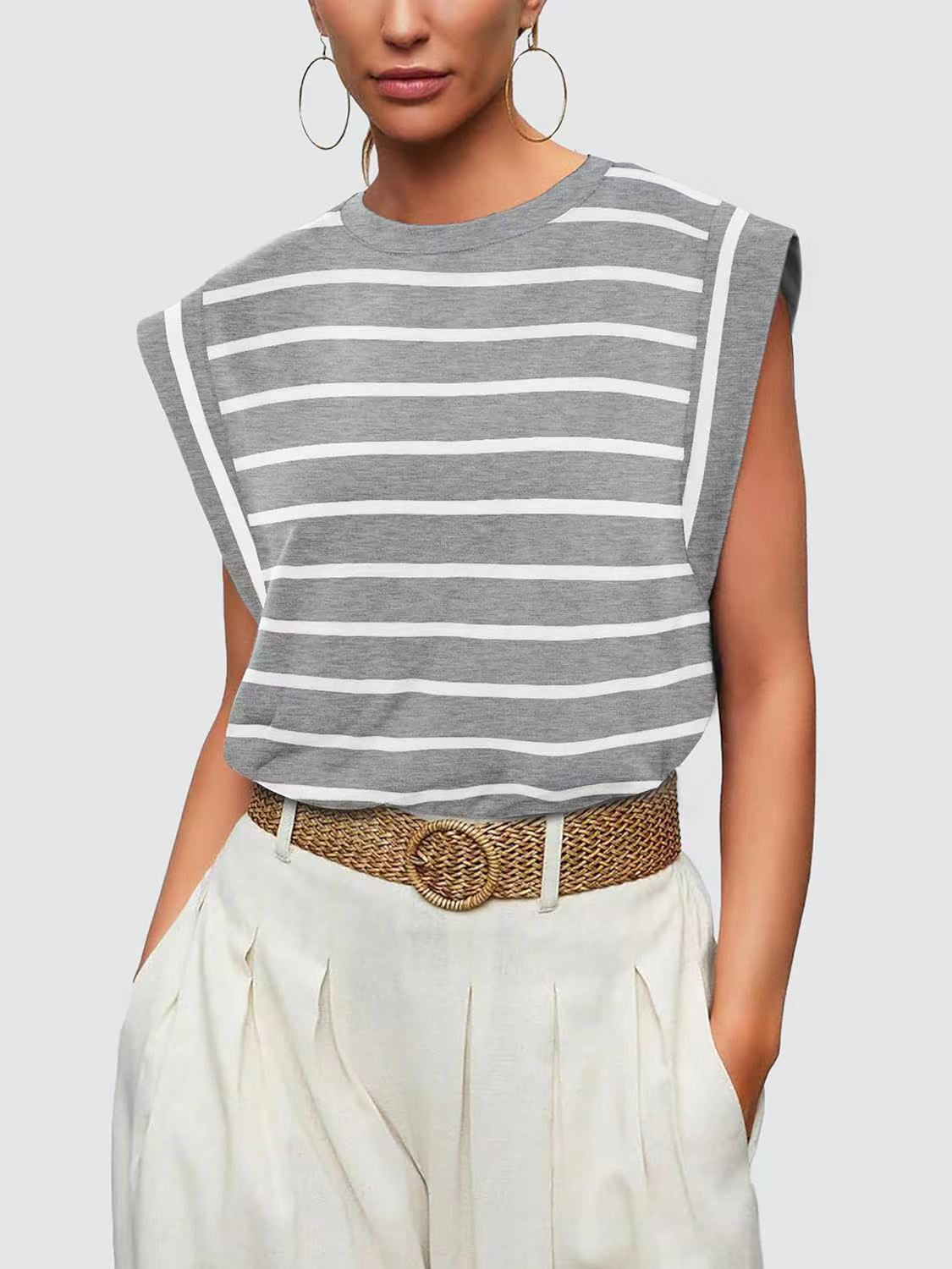 Striped Round Neck Cap Sleeve T-Shirt - Charming Charlie