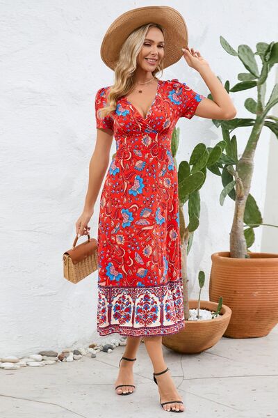 Printed Surplice Short Sleeve Dress - Charming Charlie