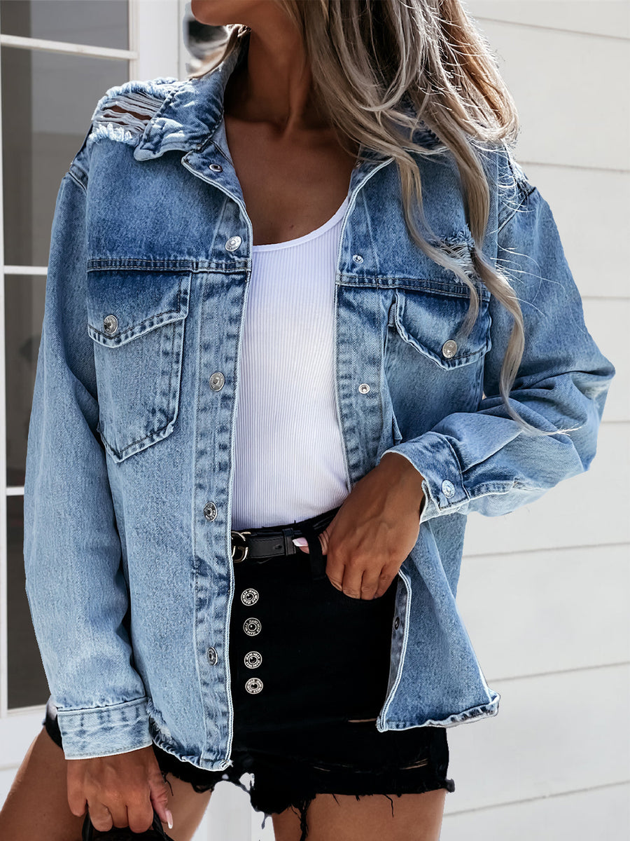 Distressed Raw Hem Snap Down Denim Jacket