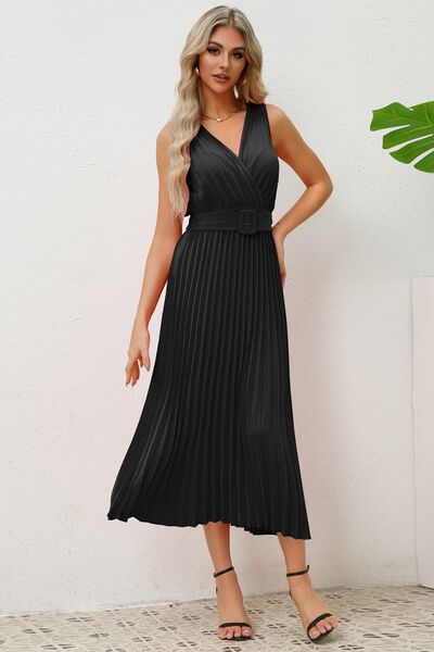 Surplice Sleeveless Midi Pleated Dress - Charming Charlie