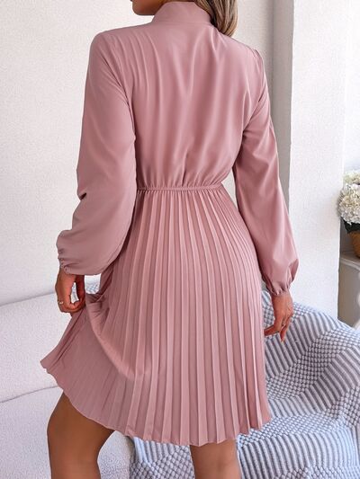 Tie Neck Balloon Sleeve Pleated Dress - Charming Charlie