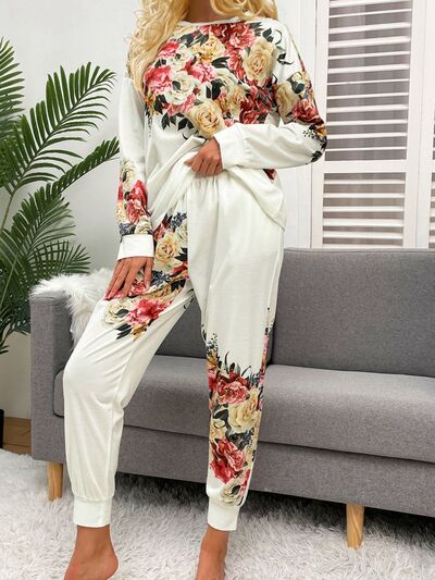 Printed Round Neck Top and Drawstring Pants Lounge Set - Charming Charlie