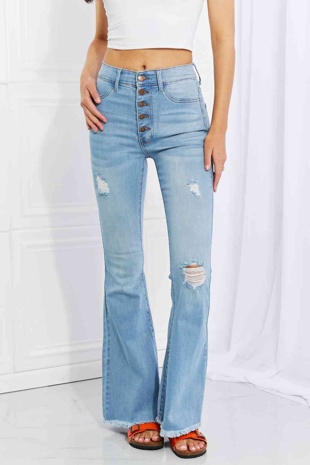 Vibrant MIU Full Size Jess Button Flare Jeans - Charming Charlie