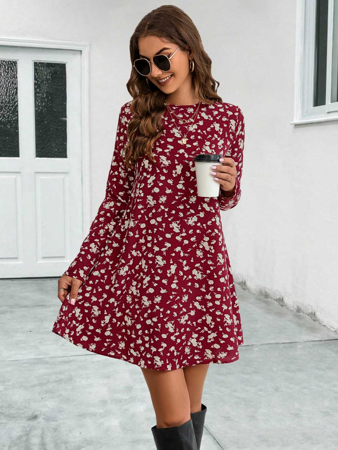 Round Neck Long Sleeve Mini Dress - Charming Charlie