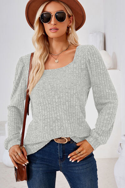 Ribbed Square Neck Long Sleeve T-Shirt - Charming Charlie