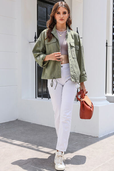 Drawstring Snap Down Dropped Shoulder Denim Jacket - Charming Charlie