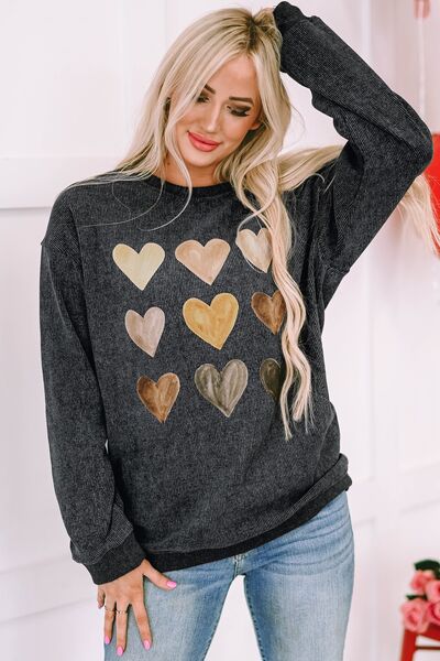 Heart Round Neck Dropped Shoulder Sweatshirt - Charming Charlie