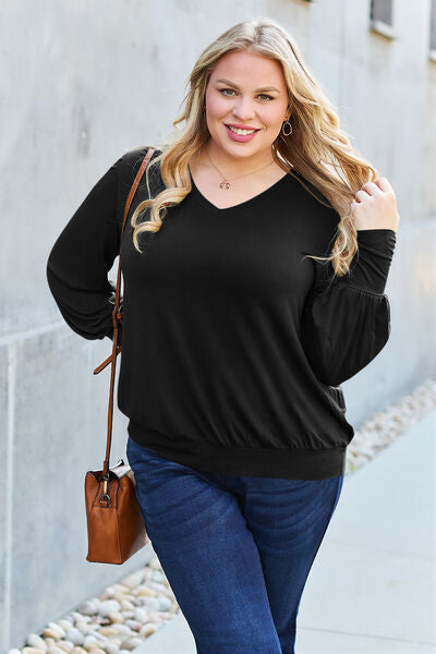 Basic Bae Full Size V-Neck Lantern Sleeve Blouse - Charming Charlie