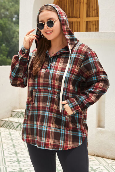 Plus Size Drawstring Plaid Quarter Button Hoodie - Charming Charlie