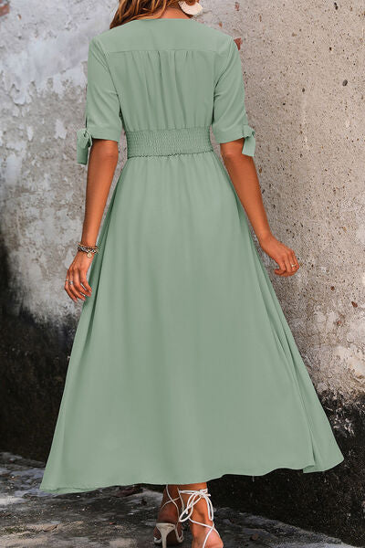 Smocked Quarter Button Short Sleeve Dress - Charming Charlie