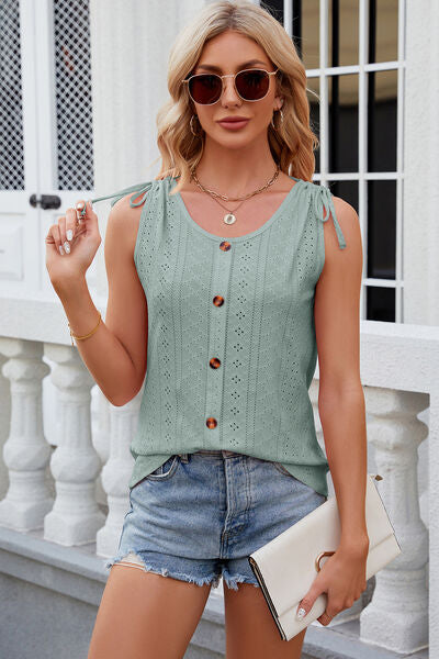 Eyelet Round Neck Wide Strap Tank - Charming Charlie