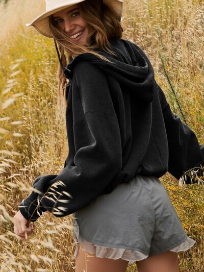 Half Zip Pocketed Dropped Shoulder Hoodie - Charming Charlie