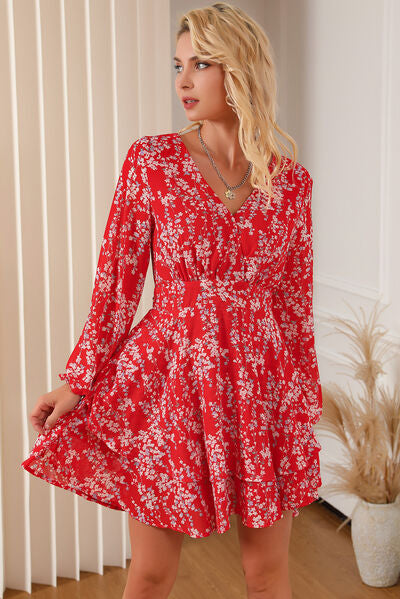 Printed Surplice Balloon Sleeve Layered Dress - Charming Charlie