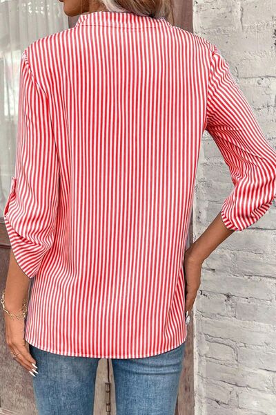 Striped Notched Roll-Tab Sleeve Shirt - Charming Charlie