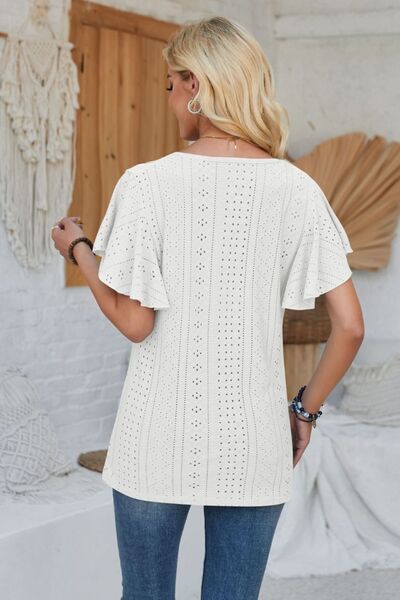 Eyelet Applique V-Neck Cap Sleeve T-Shirt - Charming Charlie