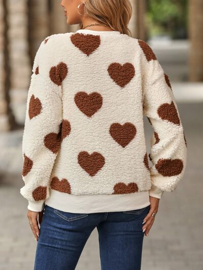 Fuzzy Heart Dropped Shoulder Sweatshirt - Charming Charlie