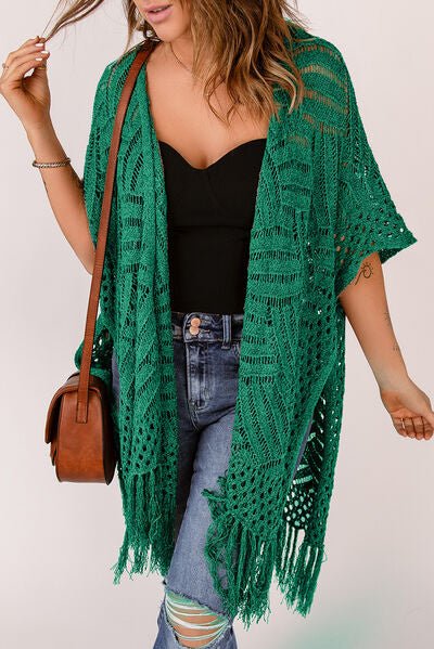 Openwork Open Front Cardigan with Fringes - Charming Charlie