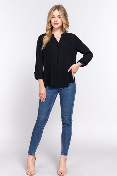 ACTIVE BASIC Full Size Notched Long Sleeve Woven Top - Charming Charlie