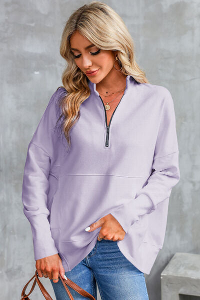 Half Zip Pocketed Dropped Shoulder Sweatshirt - Charming Charlie