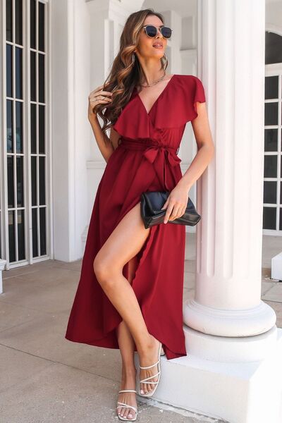 Ruffled Surplice Tie Waist Slit Midi Dress - Charming Charlie