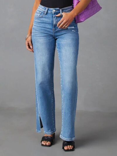 Slit Buttoned Jeans with Pockets - Charming Charlie
