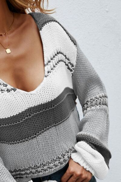 Color Block V-Neck Dropped Shoulder Sweater - Charming Charlie