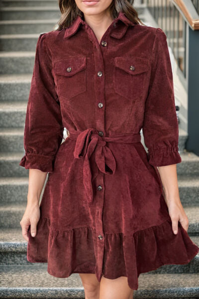 Tied Button Up Ruffle Hem Dress - Charming Charlie