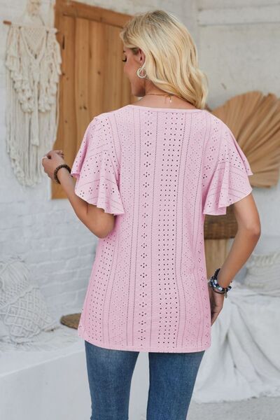 Eyelet Applique V-Neck Cap Sleeve T-Shirt - Charming Charlie