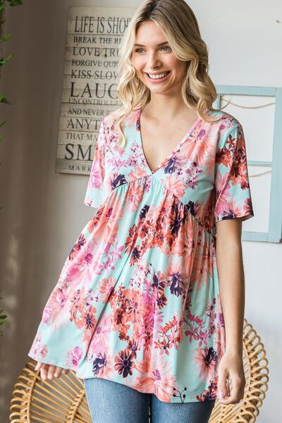 Heimish Full Size Floral V-Neck Short Sleeve Babydoll Blouse - Charming Charlie