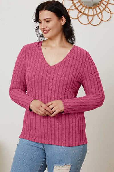 Basic Bae Full Size Ribbed V-Neck Long Sleeve T-Shirt - Charming Charlie