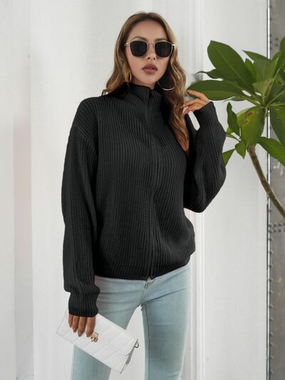 Turtleneck Zip Up Long Sleeve Knit Top - Charming Charlie