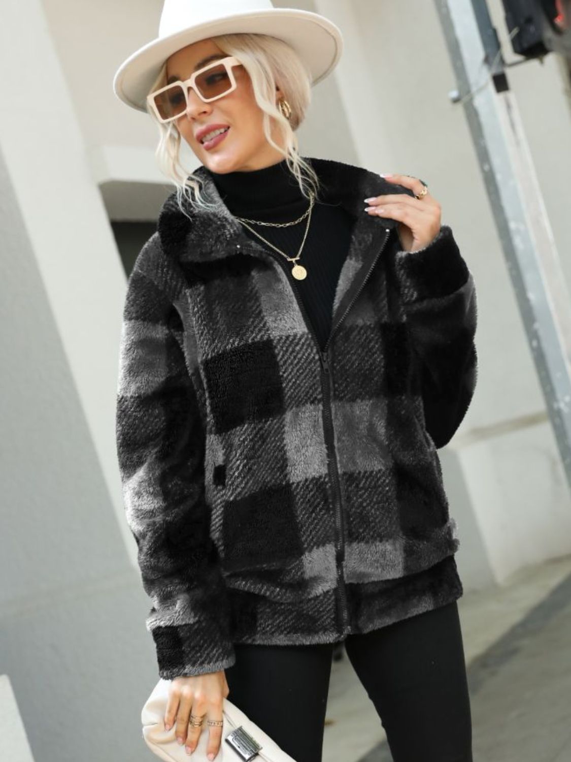 Plaid Zip-Up Collared Jacket - Charming Charlie