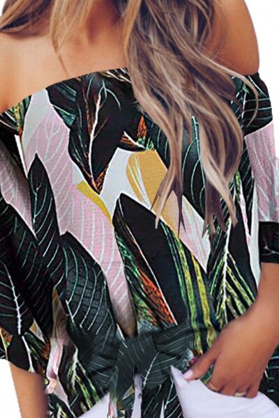 Tied Printed Off-Shoulder Half Sleeve Blouse - Charming Charlie