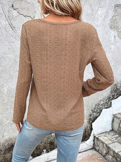 Openwork Half Button Long Sleeve Blouse - Charming Charlie