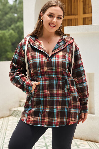 Plus Size Drawstring Plaid Quarter Button Hoodie - Charming Charlie