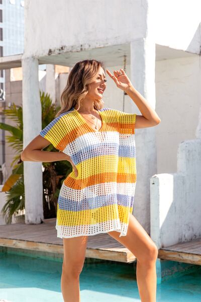 Openwork Striped V-Neck Short Sleeve Cover Up - Charming Charlie