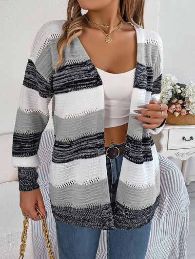 Openwork Striped Open Front Cardigan - Charming Charlie