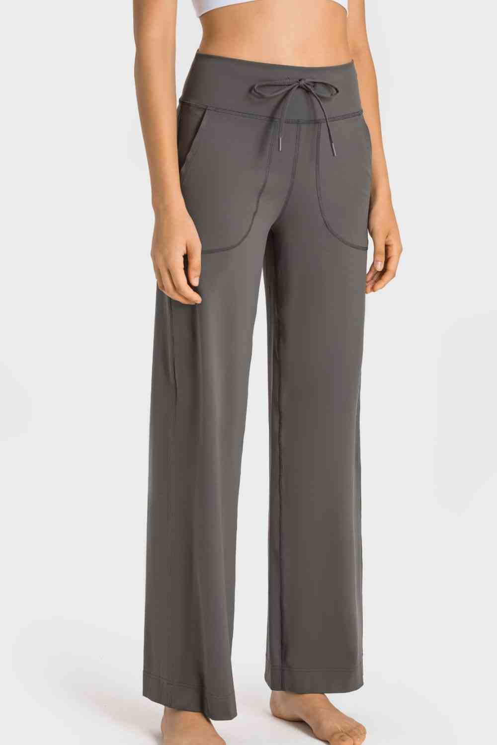 Drawstring Waist Wide Leg Sports Pants with Pockets - Charming Charlie