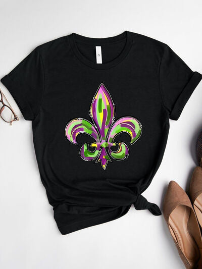 Mardi Gras Graphic Round Neck Short Sleeve T-Shirt - Charming Charlie