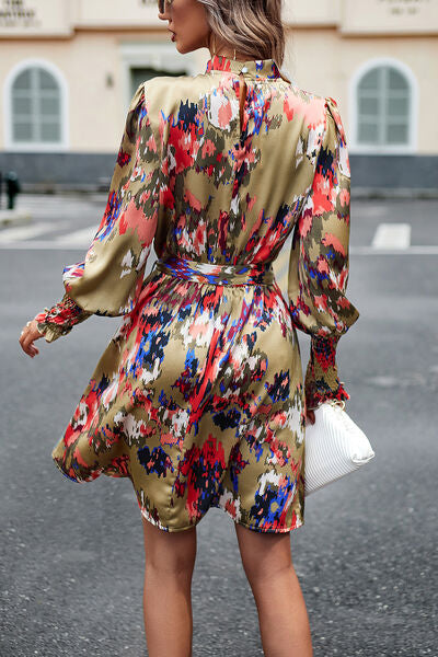 Printed Tie Waist Mock Neck Lantern Sleeve Dress - Charming Charlie