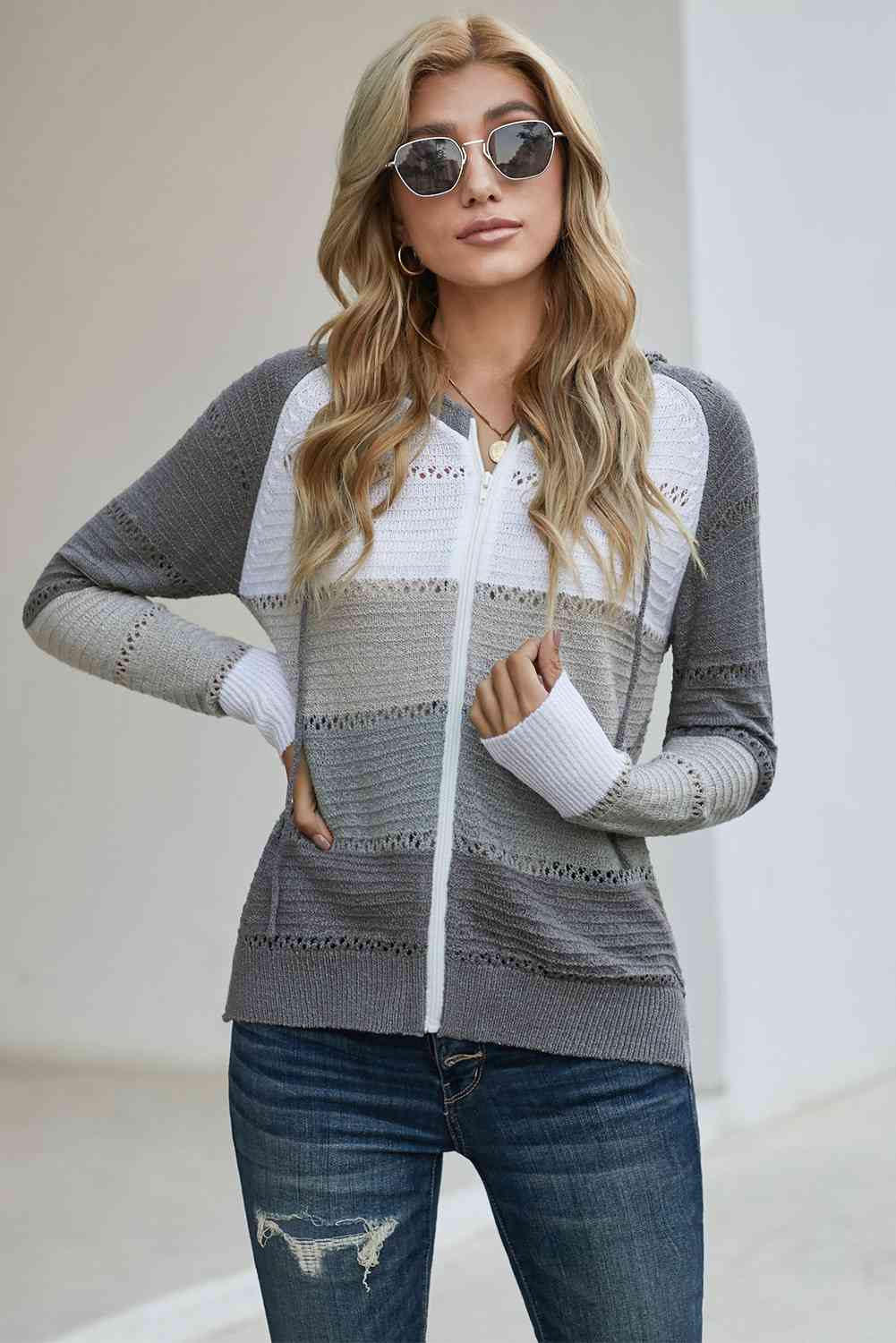 Zip-Up Raglan Sleeve Openwork Hooded Cardigan - Charming Charlie