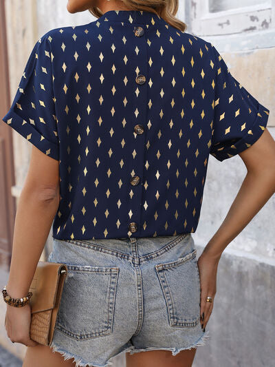 Printed Notched Short Sleeve Blouse - Charming Charlie