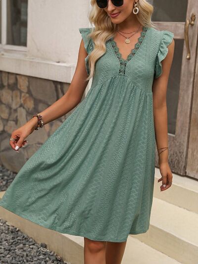 Lace Detail Ruffled V-Neck Mini Dress - Charming Charlie