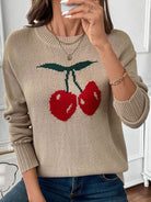 Perfee Cherry Round Neck Long Sleeve Sweater - Charming Charlie